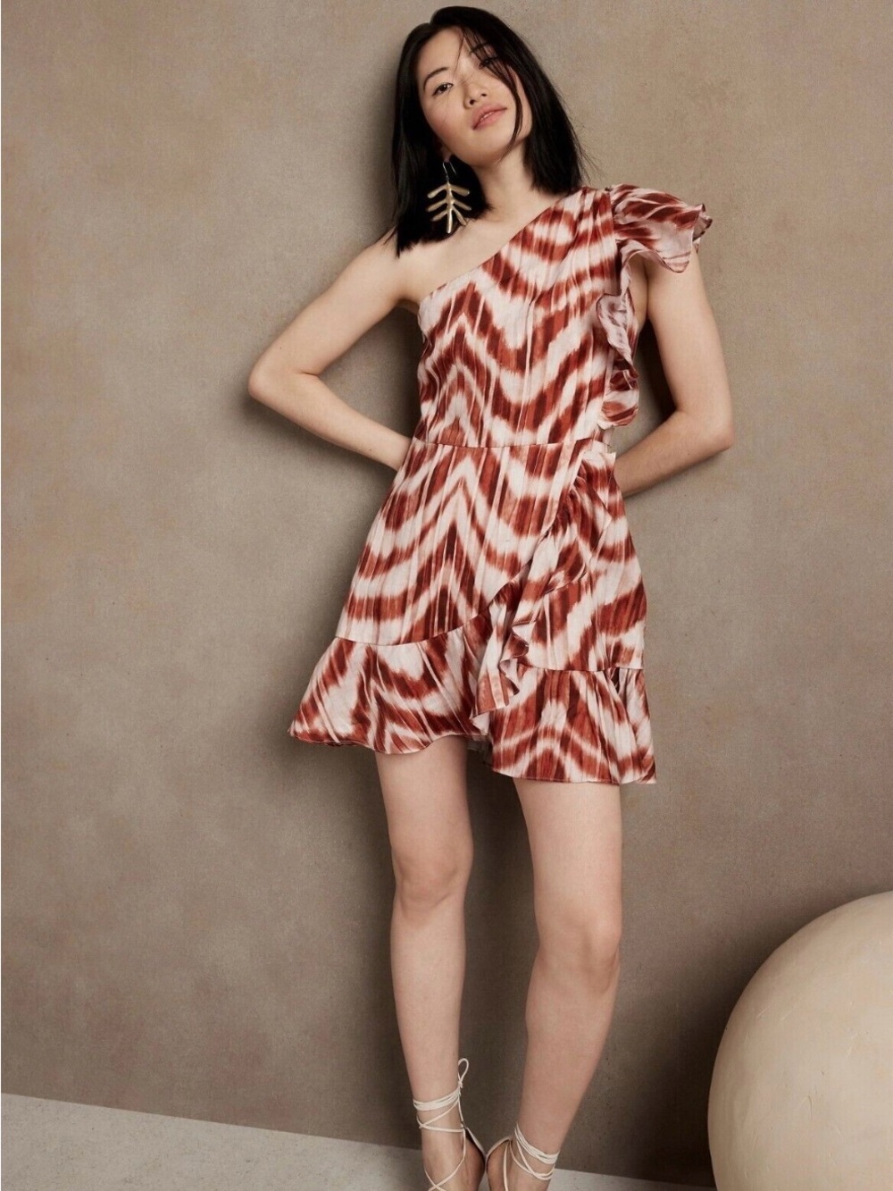 Banana Republic Linen Tie Dye Zebra Print Ruffled One Shoulder Mini Dress size 4